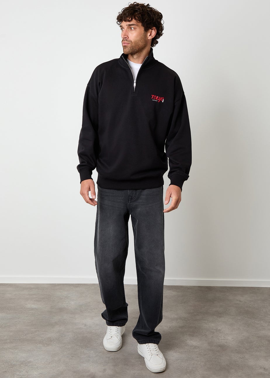 Threadbare Black Graphic Print Quarter Zip Sweatshirt