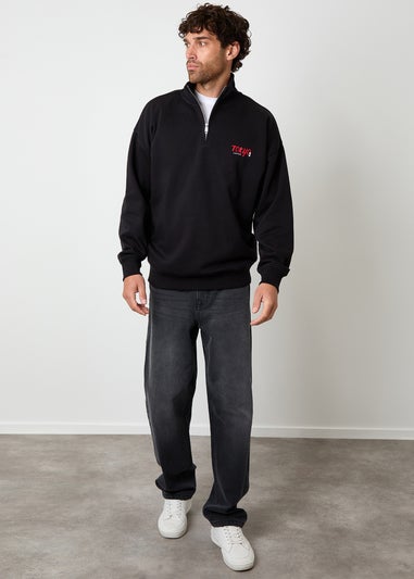 Threadbare Black Graphic Print Quarter Zip Sweatshirt