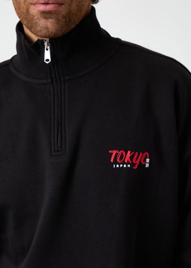 Threadbare Black Graphic Print Quarter Zip Sweatshirt