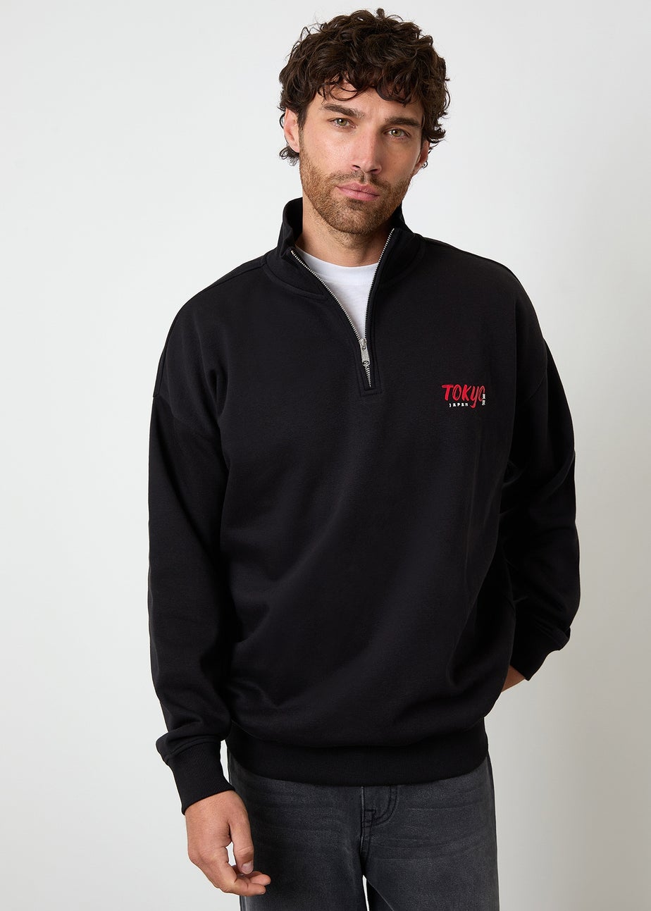 Threadbare Black Graphic Print Quarter Zip Sweatshirt