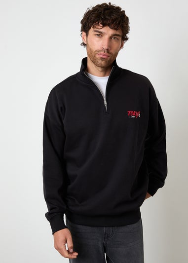 Threadbare Black Graphic Print Quarter Zip Sweatshirt