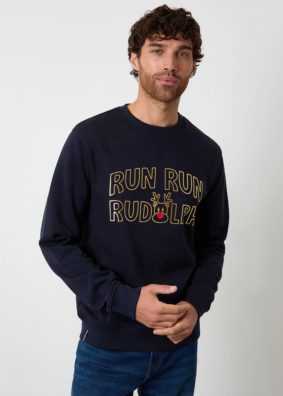 Threadbare Navy Christmas Graphic Print Crew Neck Sweatshirt