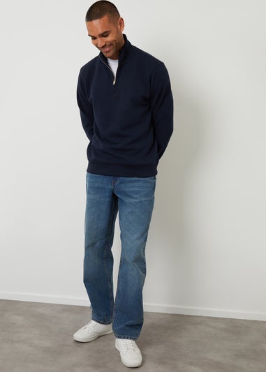Threadbare Navy Textured Quarter Zip Sweatshirt