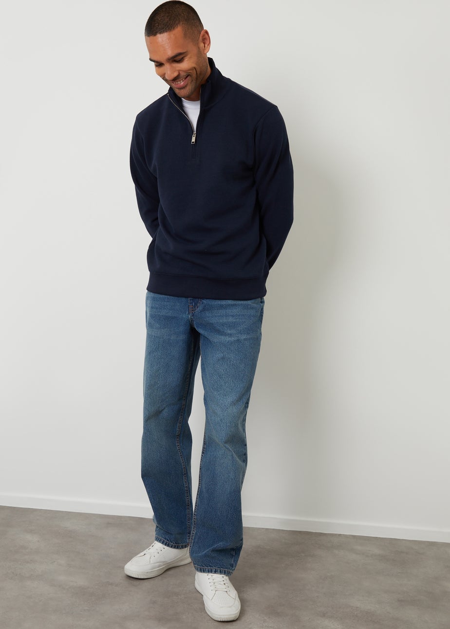 Threadbare Navy Textured Quarter Zip Sweatshirt