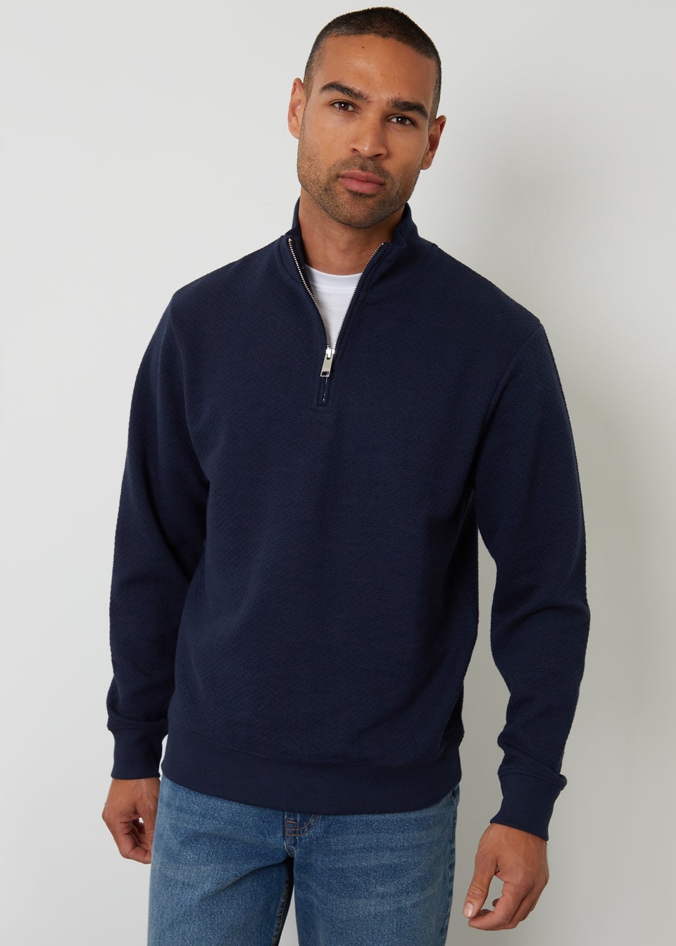 Threadbare Navy Textured Quarter Zip Sweatshirt