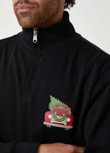 Threadbare Black Christmas Graphic Print Quarter Zip Sweatshirt