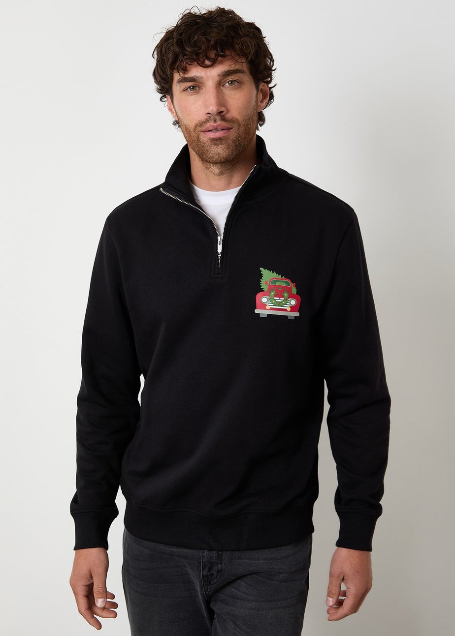 Threadbare Black Christmas Graphic Print Quarter Zip Sweatshirt