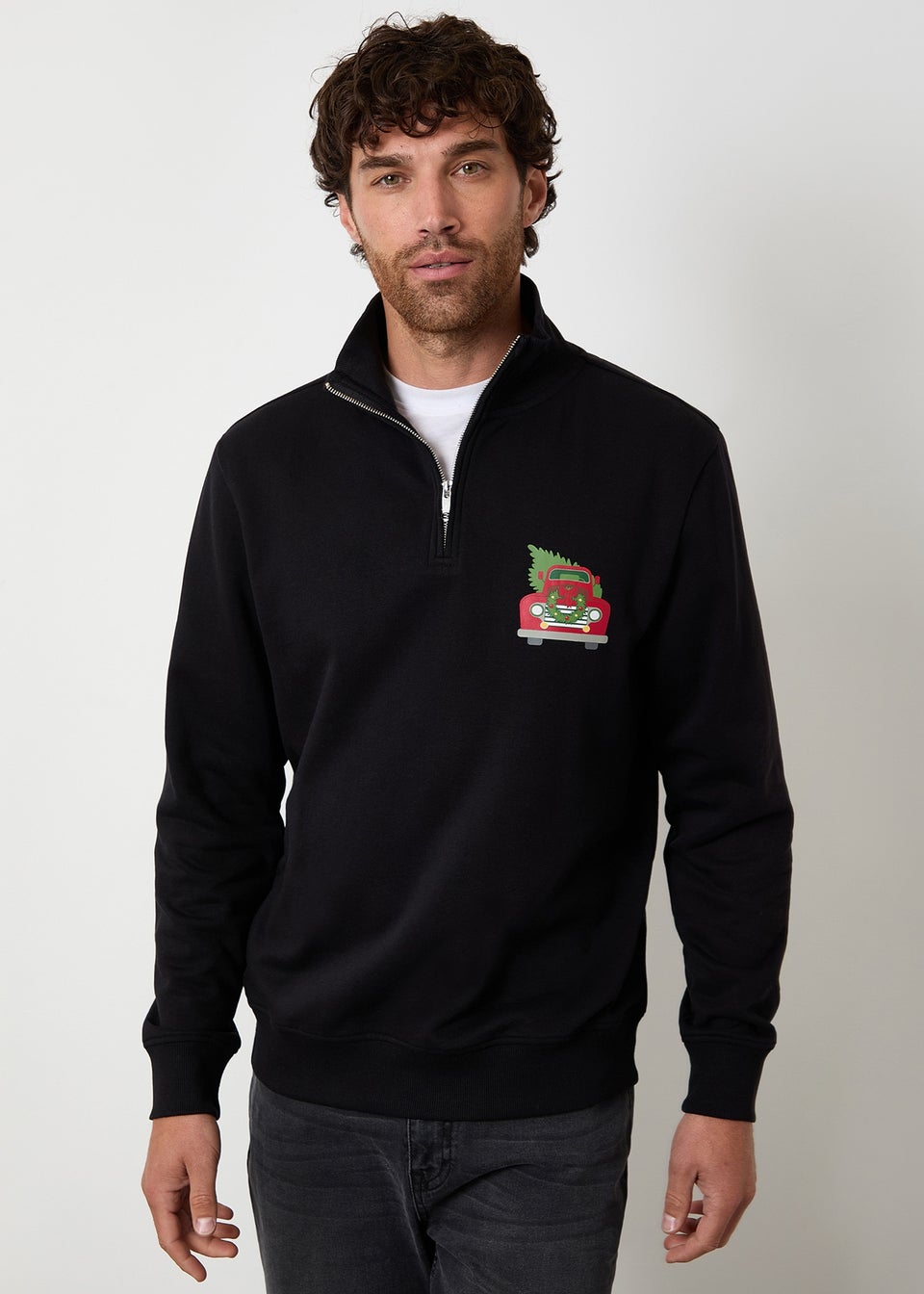 Threadbare Black Christmas Graphic Print Quarter Zip Sweatshirt