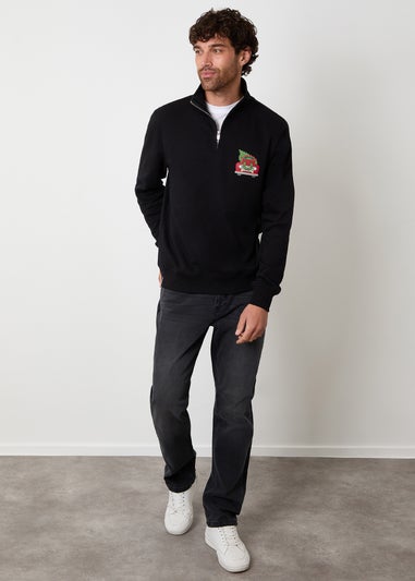 Threadbare Black Christmas Graphic Print Quarter Zip Sweatshirt