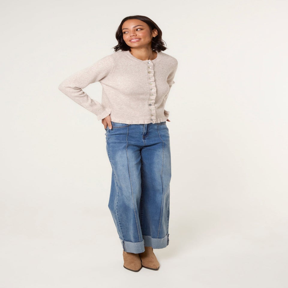 Blue Vanilla Stone Cardigan With Ruffle Trim