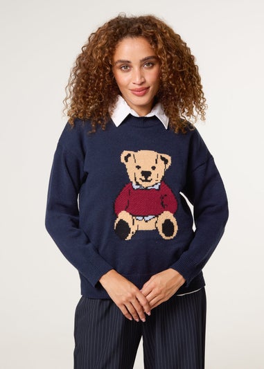 Blue Vanilla Navy Round Neck Bear Jumper