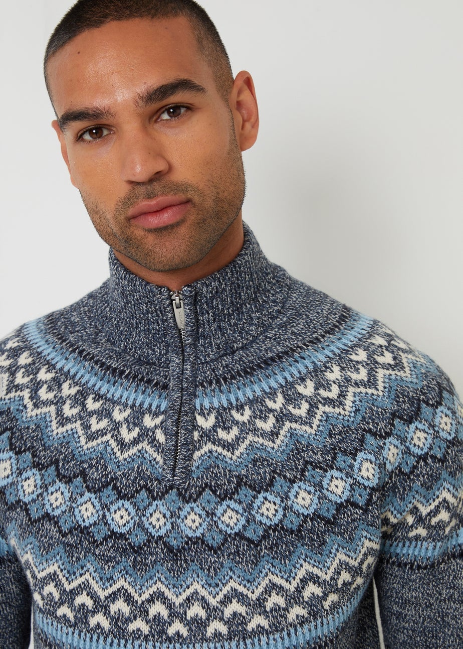 Threadbare Navy Fairisle Knitted Quarter Zip Jumper