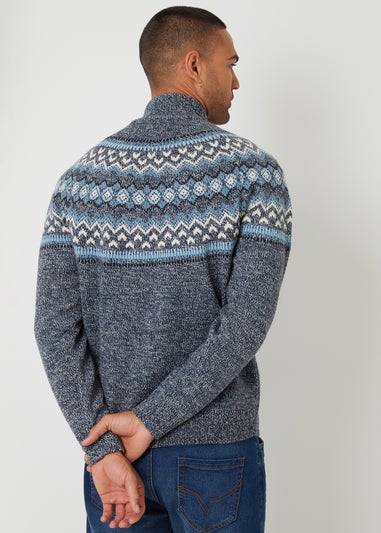 Threadbare Navy Fairisle Knitted Quarter Zip Jumper