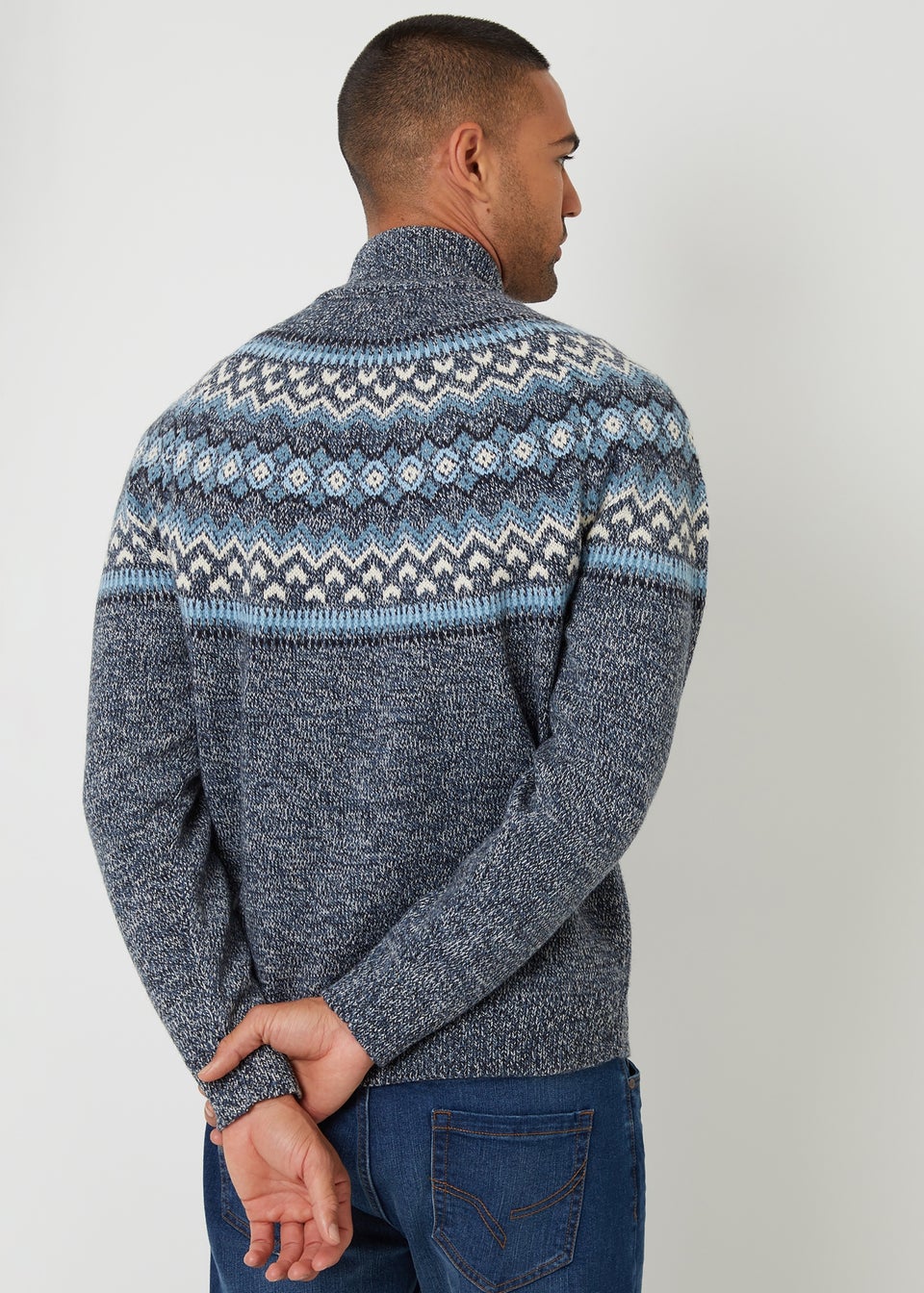 Threadbare Navy Fairisle Knitted Quarter Zip Jumper