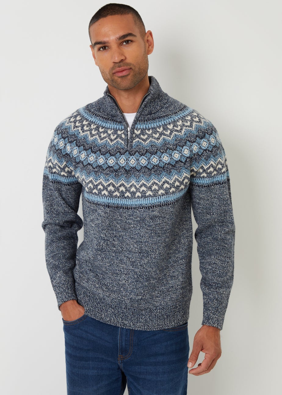 Threadbare Navy Fairisle Knitted Quarter Zip Jumper
