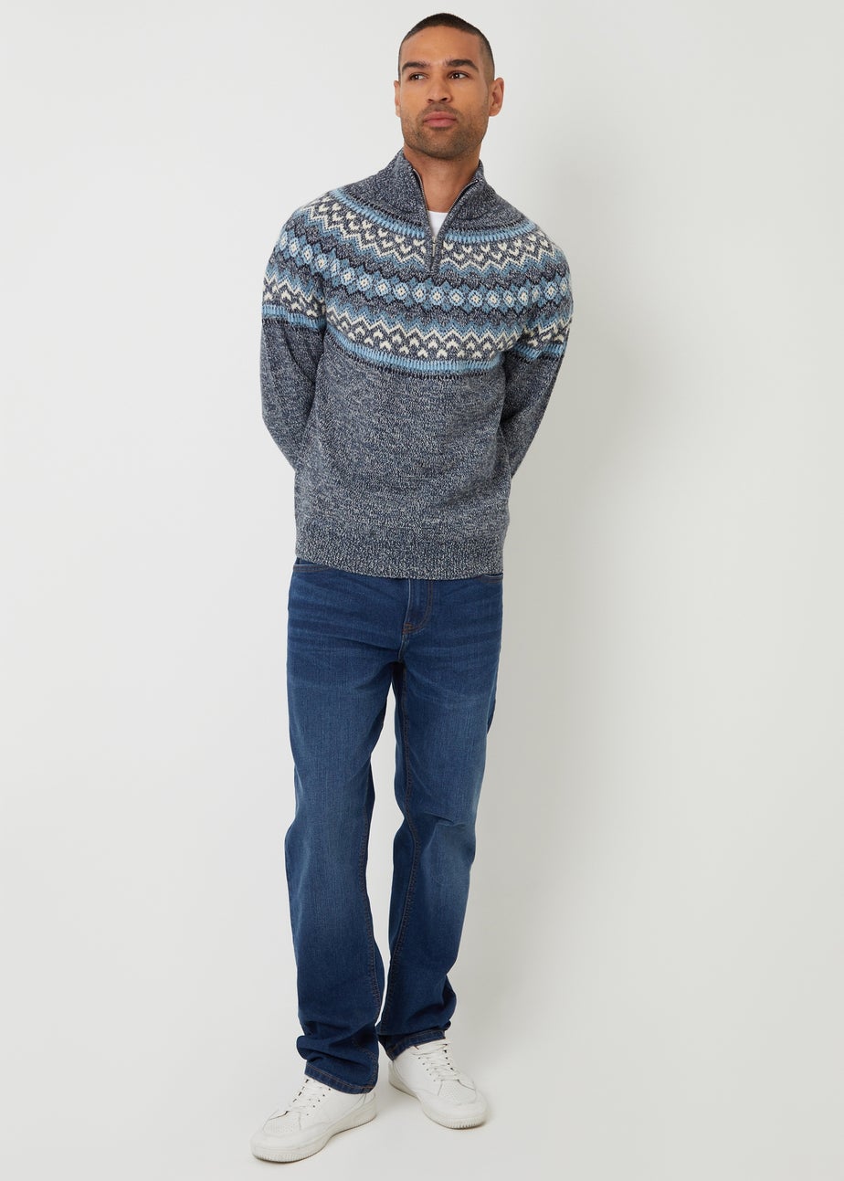 Threadbare Navy Fairisle Knitted Quarter Zip Jumper