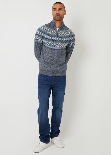 Threadbare Navy Fairisle Knitted Quarter Zip Jumper