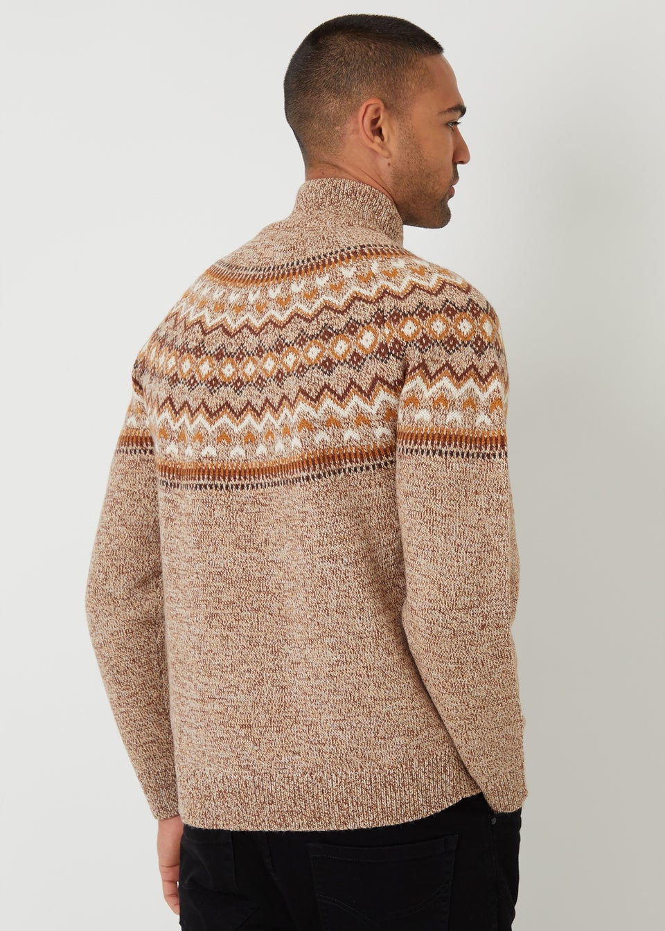 Threadbare Taupe Fairisle Knitted Quarter Zip Jumper