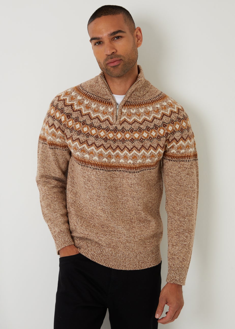 Threadbare Taupe Fairisle Knitted Quarter Zip Jumper