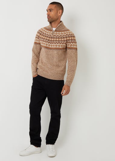 Threadbare Taupe Fairisle Knitted Quarter Zip Jumper