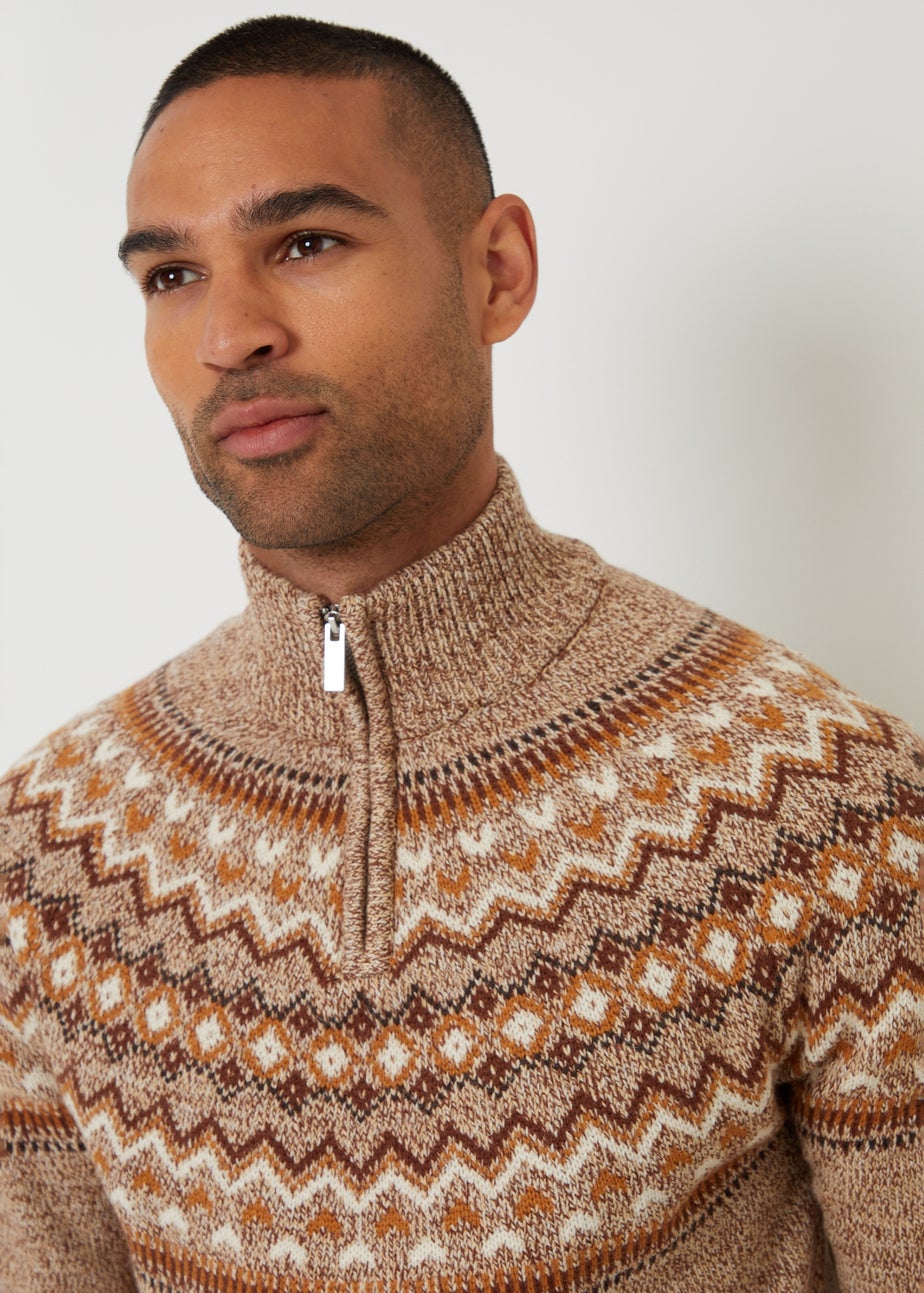 Threadbare Taupe Fairisle Knitted Quarter Zip Jumper