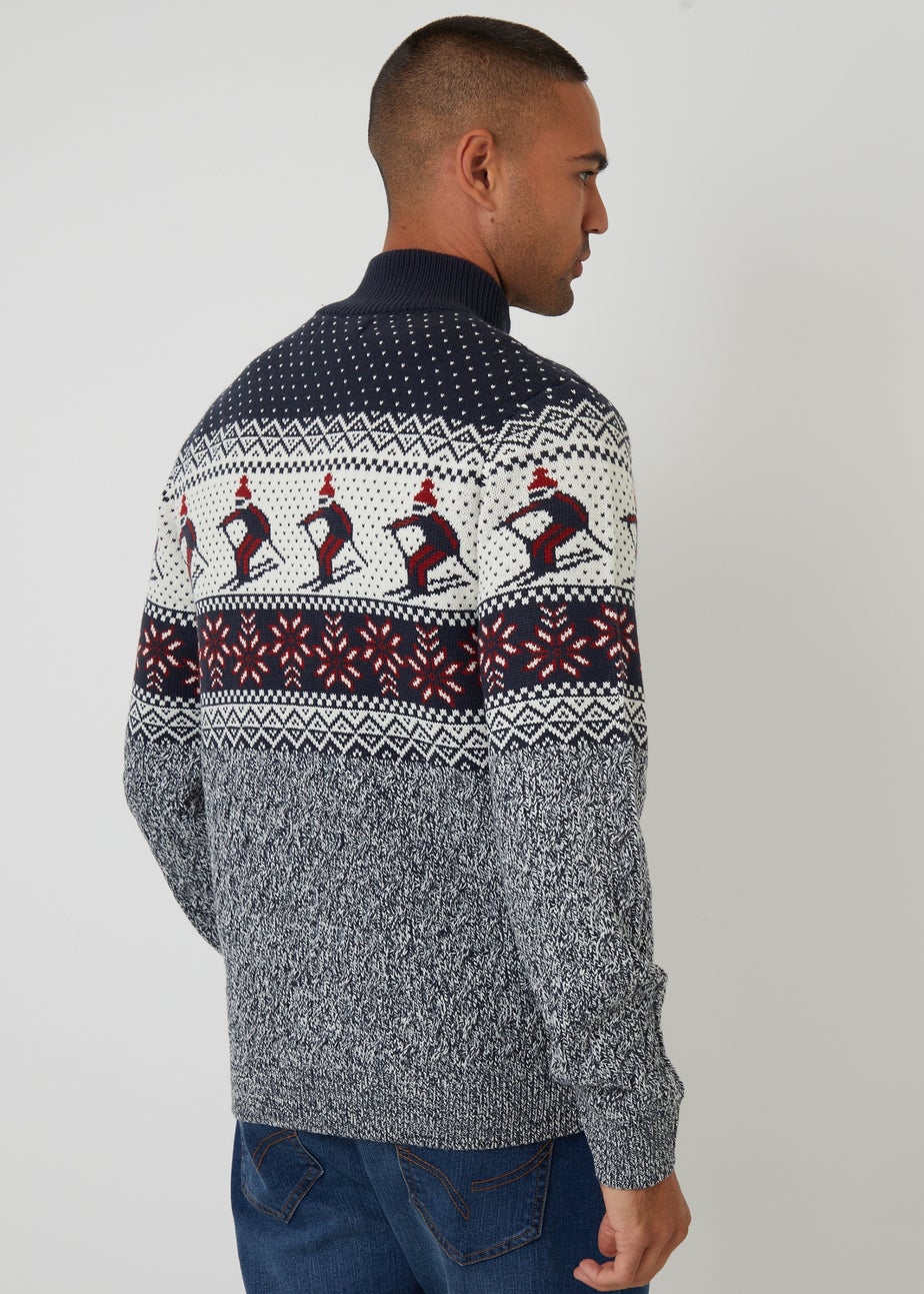 Threadbare Navy Ski Fairisle Cable Knit Quarter Zip Jumper