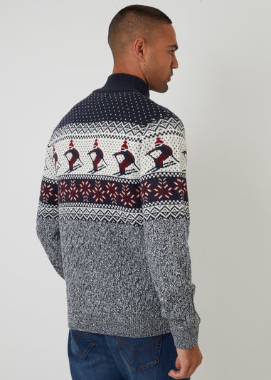 Threadbare Navy Ski Fairisle Cable Knit Quarter Zip Jumper