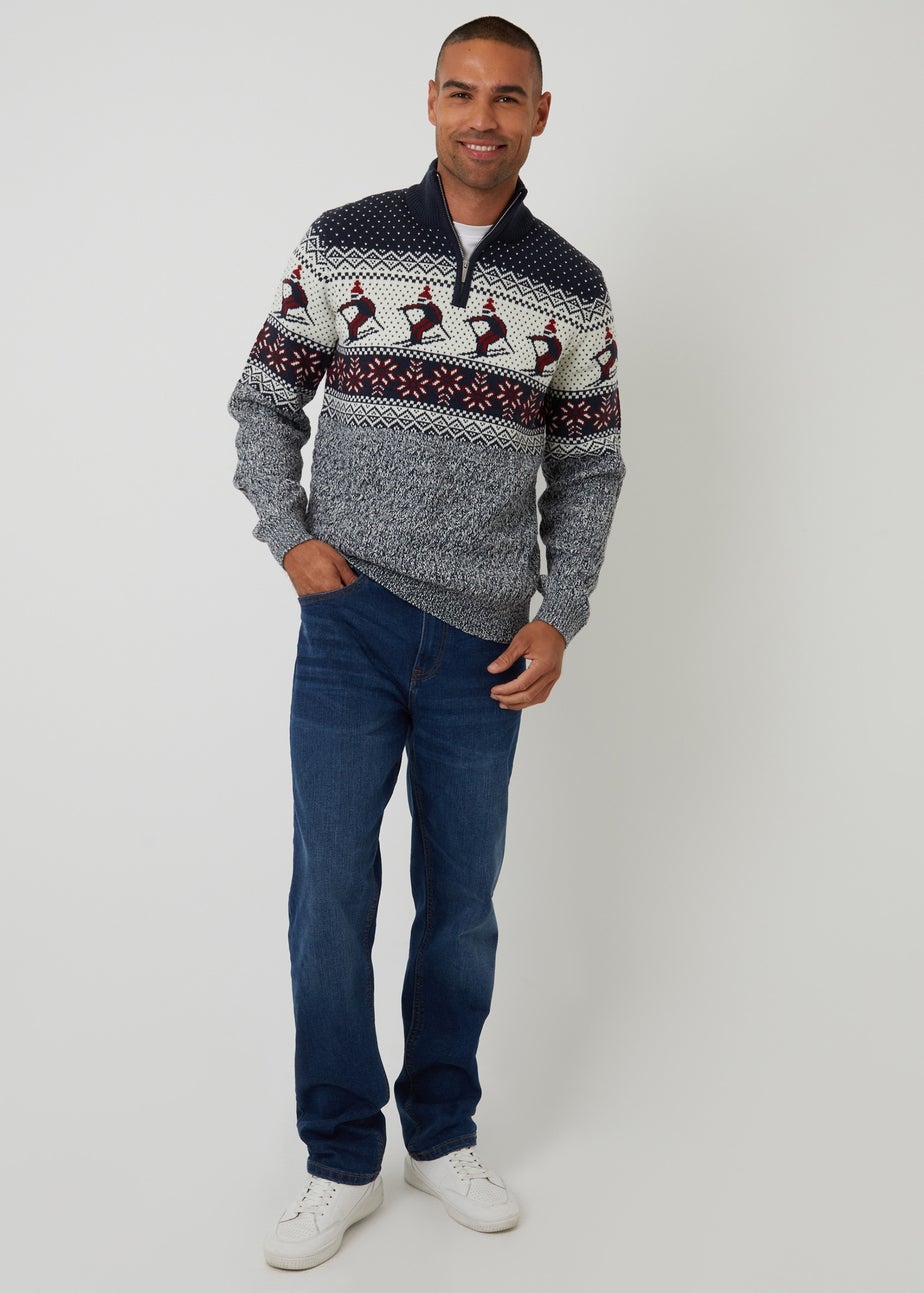 Threadbare Navy Ski Fairisle Cable Knit Quarter Zip Jumper