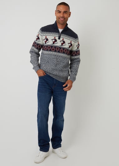 Threadbare Navy Ski Fairisle Cable Knit Quarter Zip Jumper