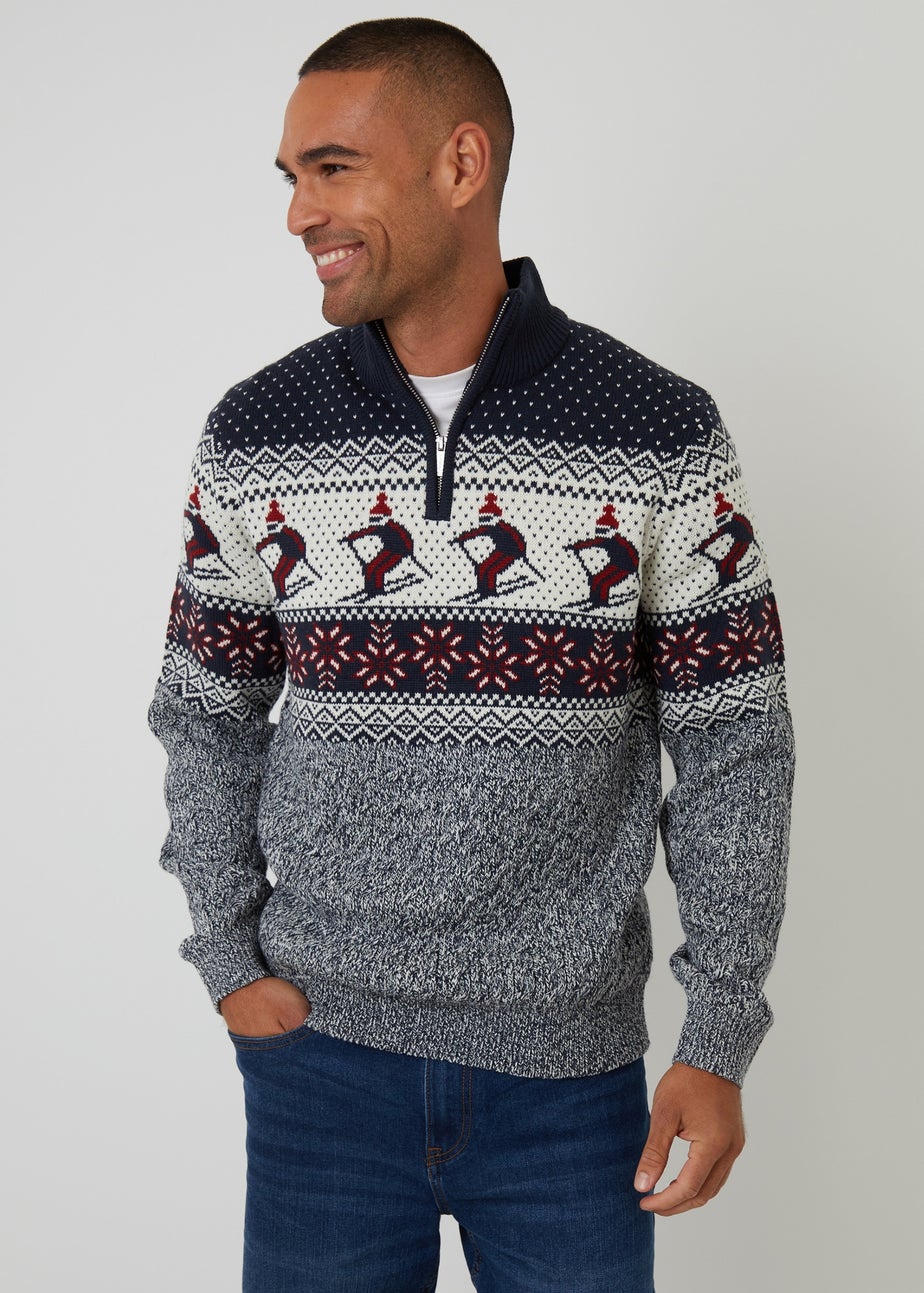 Threadbare Navy Ski Fairisle Cable Knit Quarter Zip Jumper