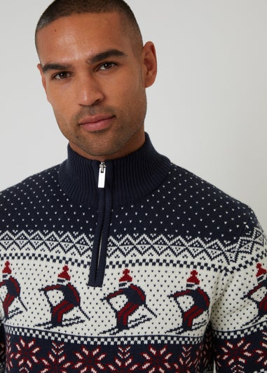 Threadbare Navy Ski Fairisle Cable Knit Quarter Zip Jumper