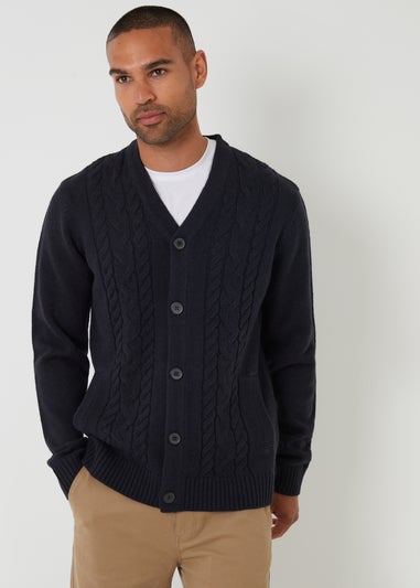 Threadbare Navy Cable Knit Detail V-Neck Cardigan