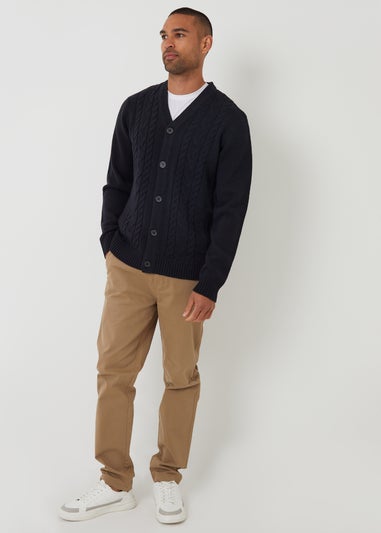 Threadbare Navy Cable Knit Detail V-Neck Cardigan