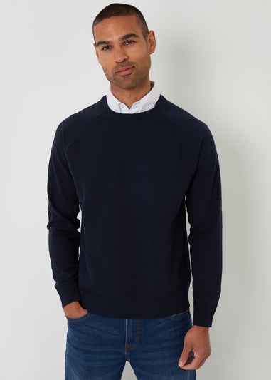 Threadbare Navy Mock Shirt Raglan Knitted Jumper