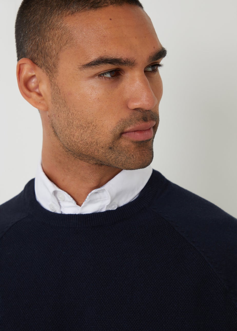 Threadbare Navy Mock Shirt Raglan Knitted Jumper
