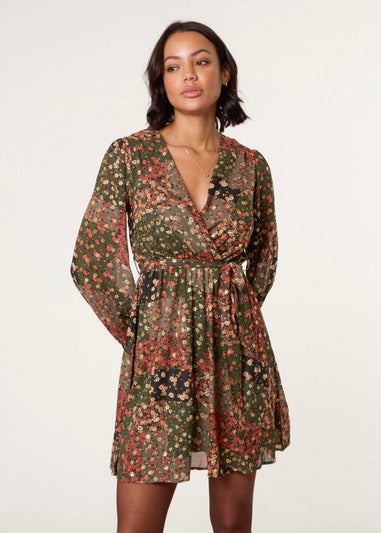 Blue Vanilla Khaki Gold Foil Patchwork Mini Dress