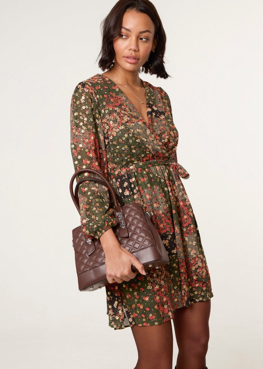 Blue Vanilla Khaki Gold Foil Patchwork Mini Dress