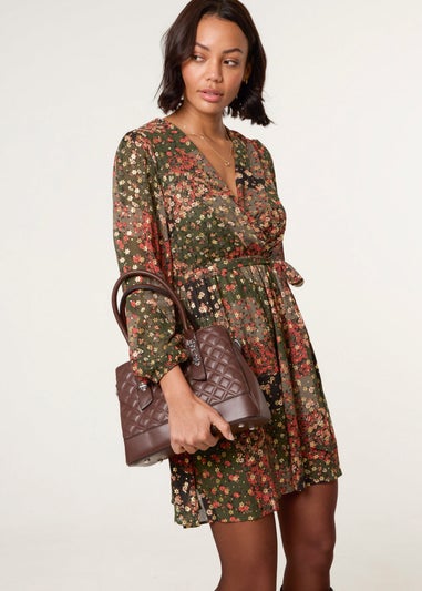 Blue Vanilla Khaki Gold Foil Patchwork Mini Dress