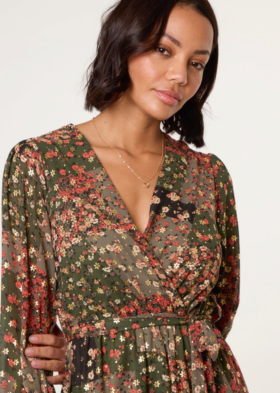 Blue Vanilla Khaki Gold Foil Patchwork Mini Dress