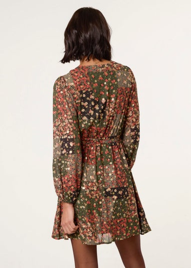 Blue Vanilla Khaki Gold Foil Patchwork Mini Dress