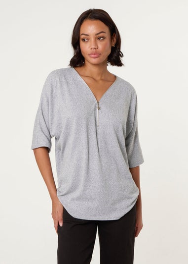 Blue Vanilla Grey Plain Half Zip Top