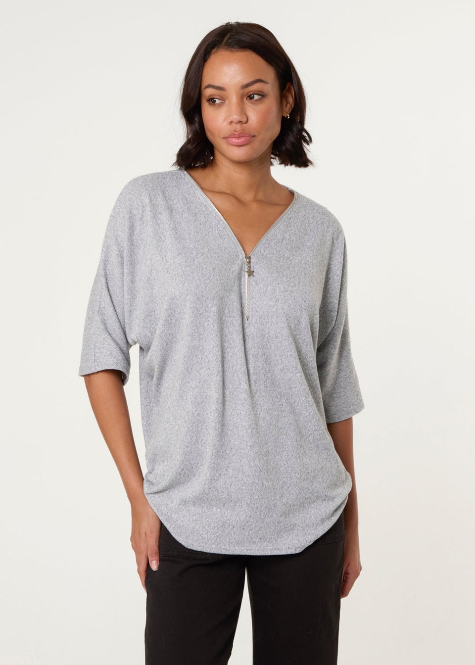 Blue Vanilla Grey Plain Half Zip Top