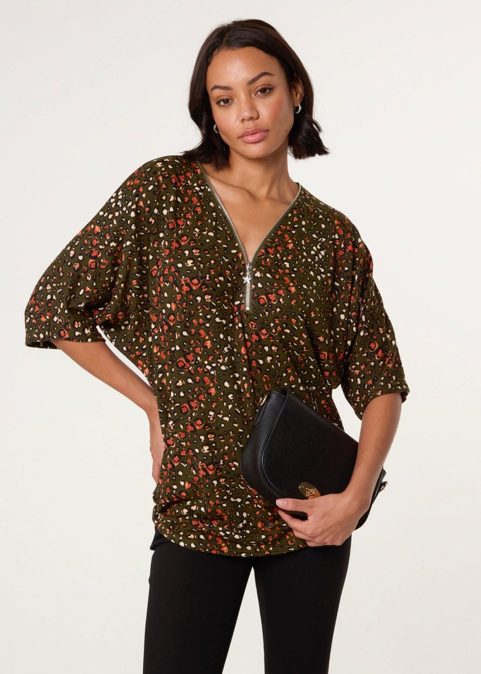 Blue Vanilla Khaki Printed Zip Front Top