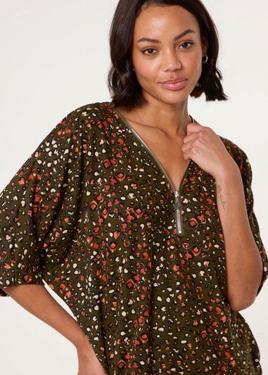 Blue Vanilla Khaki Printed Zip Front Top