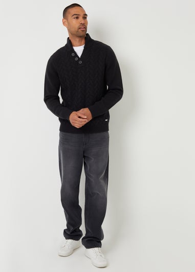 Threadbare Black Mock Neck Funnel Neck Cable Knit Jumper