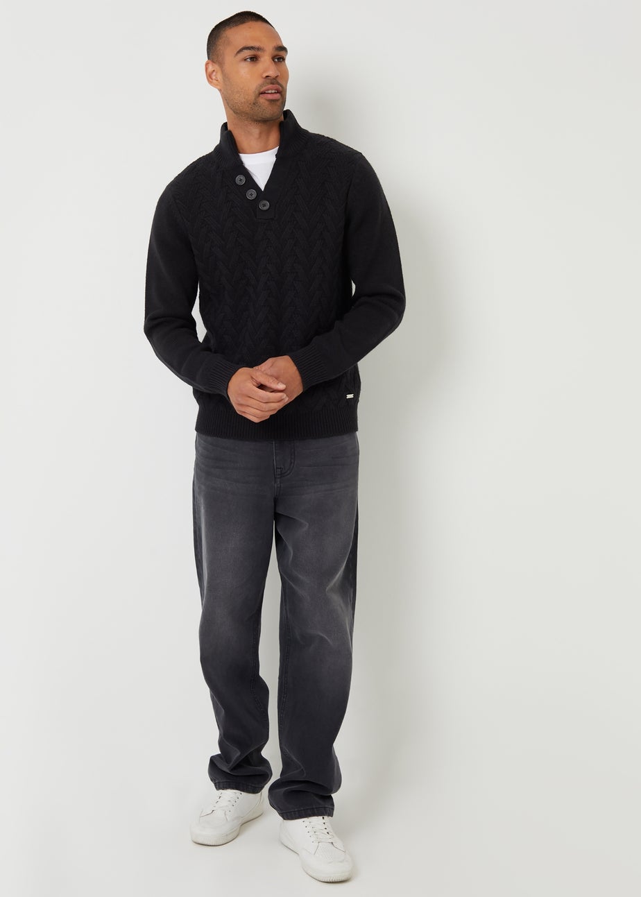 Threadbare Black Mock Neck Funnel Neck Cable Knit Jumper