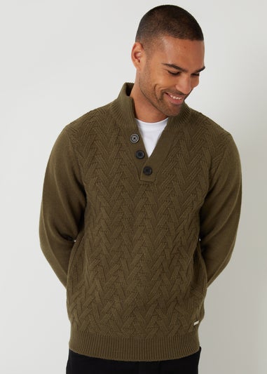 Threadbare Khaki Mock Neck Funnel Neck Cable Knit Jumper