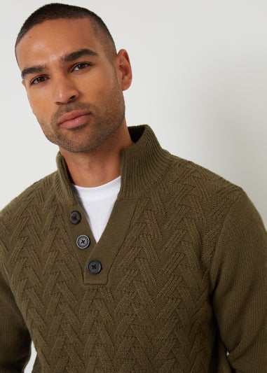 Threadbare Khaki Mock Neck Funnel Neck Cable Knit Jumper