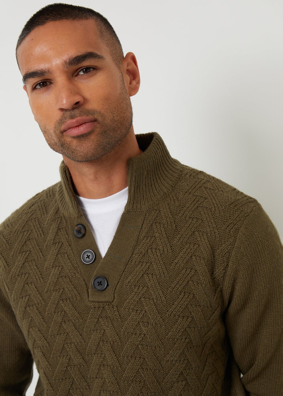 Threadbare Khaki Mock Neck Funnel Neck Cable Knit Jumper