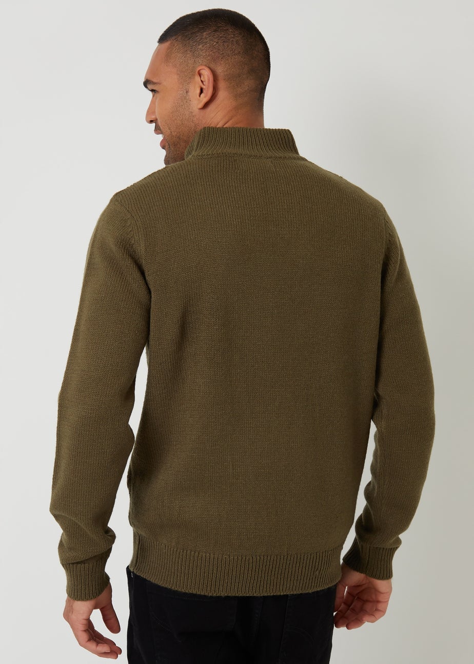 Threadbare Khaki Mock Neck Funnel Neck Cable Knit Jumper